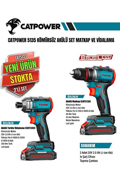 öznet CATPOWER EL ALETLERİ CatPower Kömürsüz Akülü 2'Li Set Matkap ve Vidalam...
