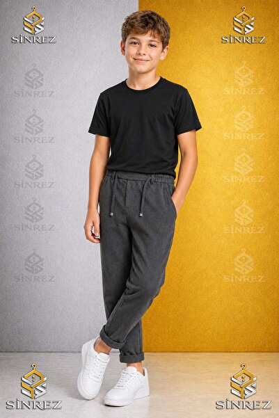 SİNREZ Boys' Plain Trousers 7.Mdl Elastic Waist Lycra Folded Leg Style