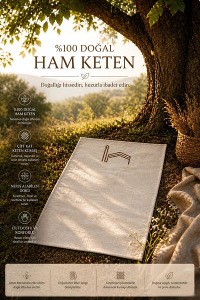 Hig Store %100 Doğal Ham Keten Kabe Nakışlı Tekli Seccade 70x110 cm Tesbih He...