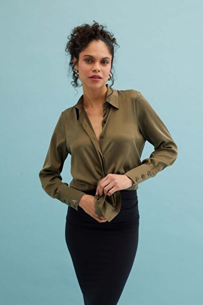 Silk and Cashmere Haki Saf İpek Audrey Uzun Kollu Gömlek