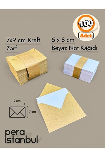 Pera İstanbul 100 Adet 7x9Cm Kahverengi Çaycuma Kraft Zarf ve Not Kağıdı Düğün Davetiye Lüks Tebrik Kartı Mektup