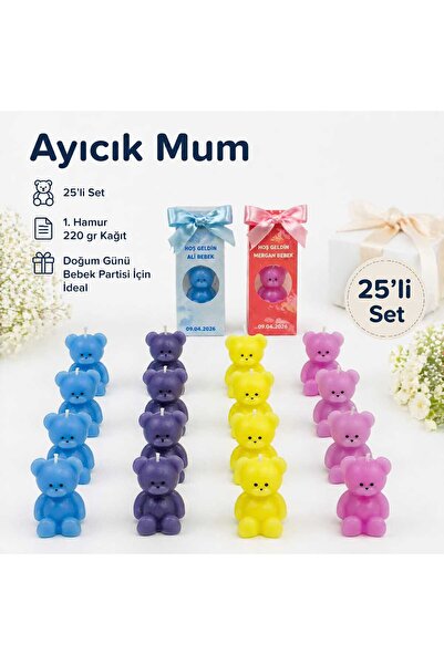 Kişiye Özel Doğum Günü ve Bebek Partisi İçin Ayıcık Mum (25 Adet)