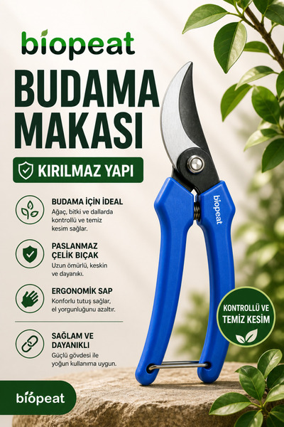 BioPeat Budama Makası 17 cm | Dayanıklı ve Sağlam Saplı, Bahçe, Gül, Dal, Ağa...