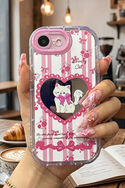 Nezih Case iPhone 16E / 17E Uyumlu Premium Pembe Kedi ve Fiyonk Desenli Aynal...