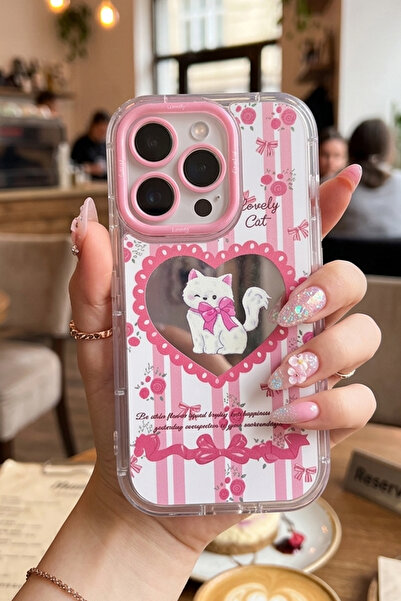 Nezih Case Honor 400 Uyumlu Premium Pembe Kedi ve Fiyonk Desenli Aynalı Tasar...