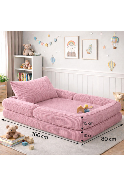 puffiber Montessori Katlanır Çocuk Yer Yatağı 80x160 cm Oyun Minderi Modüler Sünger Çocuk Koltuğu Pembe