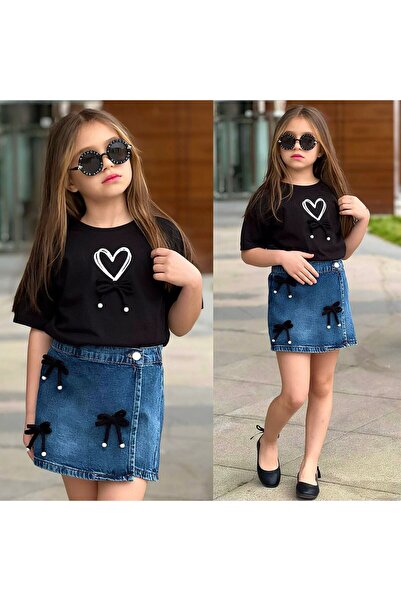 kidsense Girl's Heart and Bow Detailed Denim Shorts Skirt T-Shirt Set