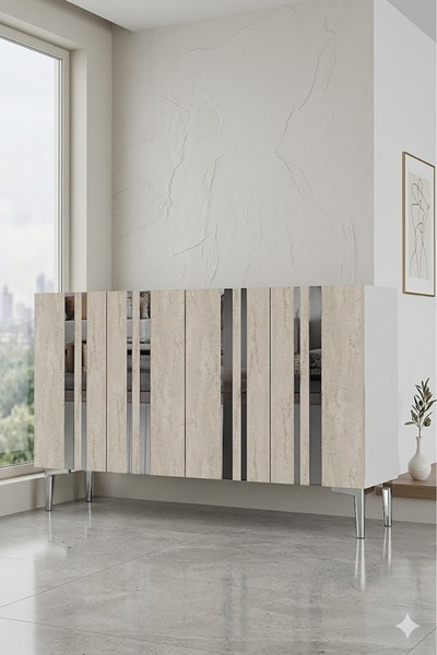 CENEYRA KA1230BTS MİA Konsol ve Tv Sehpası Beyaz-Traverten-Silver 120cm
