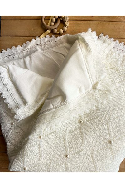 MIZ MIZ KİDS Knitwear Braided Cotton Combed Cotton Pearl Detailed 100% Cotton Baby Blanket 100X100 cm Soft Warm