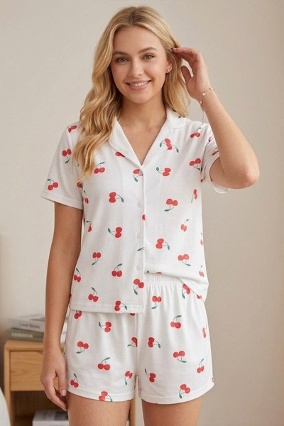 F&W FİT WOMEN Kiraz Desenli Düğmeli Şortlu Pijama Takımı 4609 -Beyaz