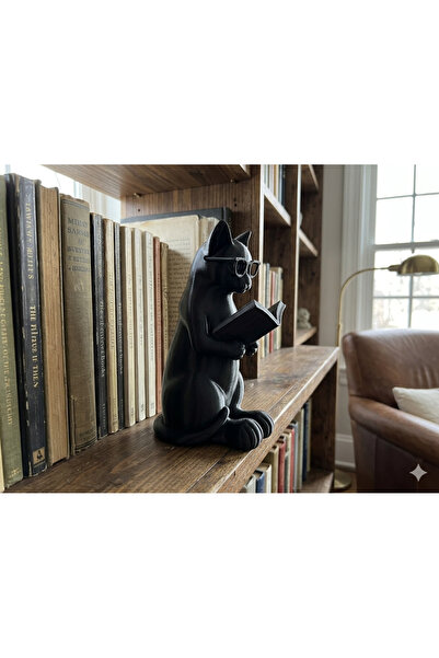 Goplast Premium Kitap Okuyan Kedi Figürü Kitaplık Süsü Tatlı Masa Süsü 17 CM