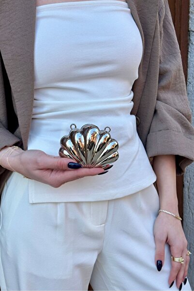 Grsbags Mini Oyster Model Women's Silver Evening Dress Hand and Shoulder Bag