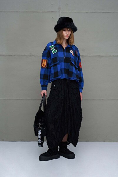 #vdr viadellerose Saks Blue Black Plaid Oversize Shirt 18116