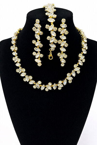 HUBANN Altın Kaplama Stylish Taşlı Su Yolu 3' lü Set Choker Kolye, Bileklik ve Küpe Taşlı Set