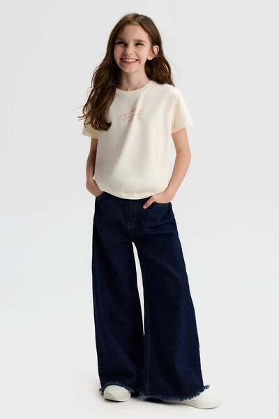 nk kids Nk Kız Çocuk Paçaları Püskül Detay Bol Paça Kot Pantolon 8-14 Yaş KOY...