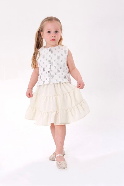 TINY BEAR Girl's Embroidered Denim Vest, Linen Skirt Set