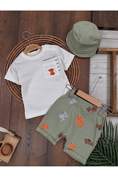 ASİLA Cute Dog Print Pocket Detail Summer Baby Boy T-Shirt, Shorts and Hat Set
