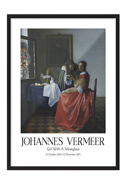 Postifull Johannes Vermeer - Devojka sa čašom za vino, slika u crnom okviru, ...