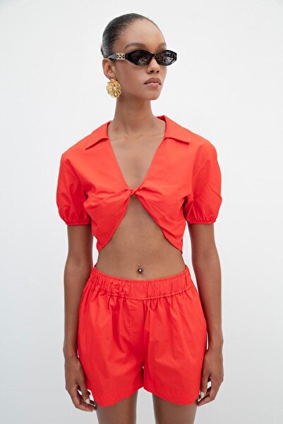 BSL %100 Cotton Burgulu Crop Bluz