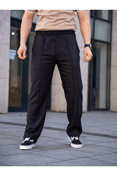 Efnaz style بنطلون رياضي رجالي من الكتان بجيوب وخياطة مميزة - أسود