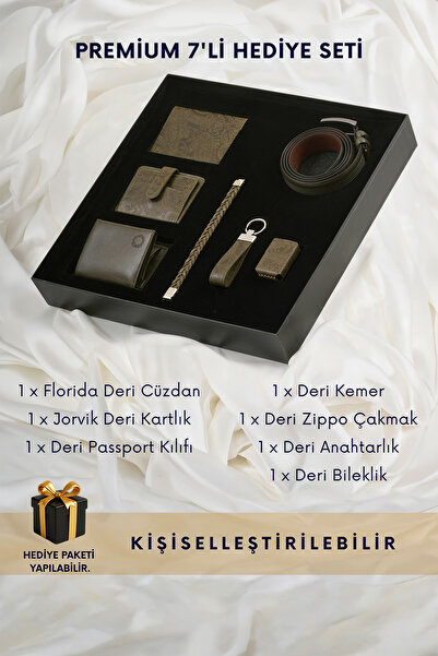 CüzCan Black Box Premium 7'li Deri Erkek Hediye Seti - Florida Motifli Yeşil