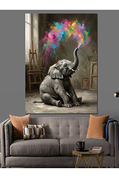 Artmeg Pânză decorativă cu elefant mic care suflă fum colorat - Tablou din le...