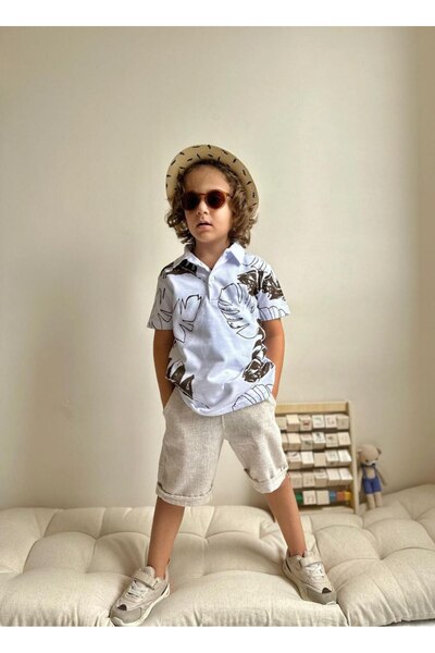 RÜYA KİDS Boys' summer leaf print polo shirt and linen shorts 2-piece set