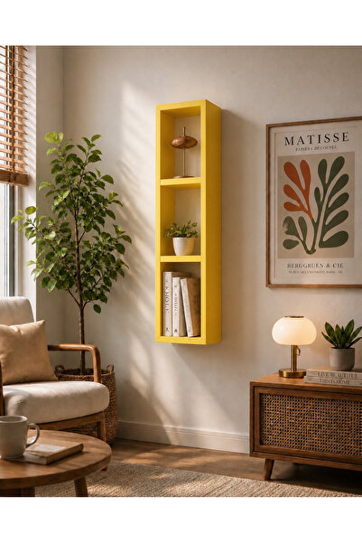 Dekormer Design Kitaplık Duvar Rafı Yatay-Dikey Tek Sarı