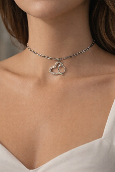 LUNIVRA Stainless Steel Zircon Stone Heart and Ring Detailed Choker Necklace