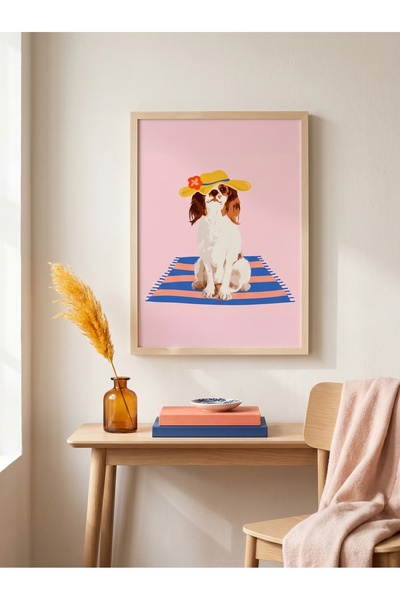 DEKORASOR Şapkalı Cavalier King Charles Köpek Tablo - Pembe İllüstrasyon Mode...