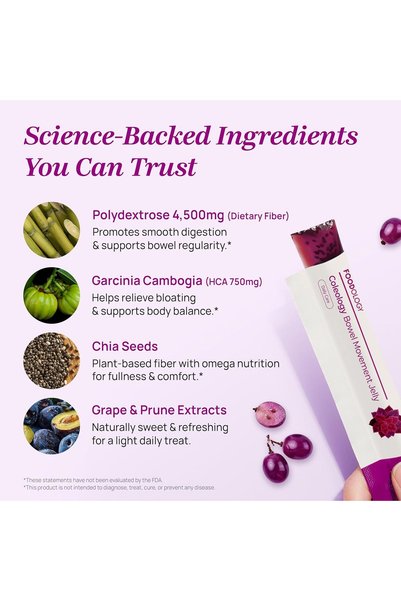 FOODOLOGY Coleology Bowel Movement Jelly (10 Days) - Garcinia Cambogia (HCA) Jelly Sticks, Grape and Prune Flavored, Polydextrose, Collagen, Hyaluronic Acid, 10 Sticks