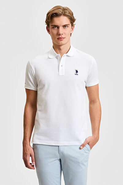 U.S. Polo Assn. تي شيرت رجالي ذو قصة ضيقة وياقة بولو باللون الأبيض الأساسي 50...