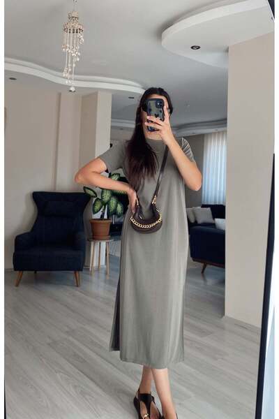 Olbia Butik Kadın Modal Yırtmaçlı Bisiklet Yaka Maxi Elbise