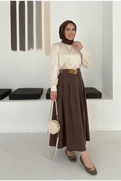 TheyYou Women's High Waist Belt Detailed Pleated Long Skirt Stylish Combination Casual & Office Style