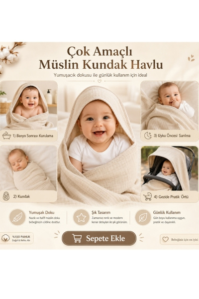 Ella Bonna Bebek Müslin %100 Pamuk Havlu Kundak 80x80cm Renk Seçenekli
