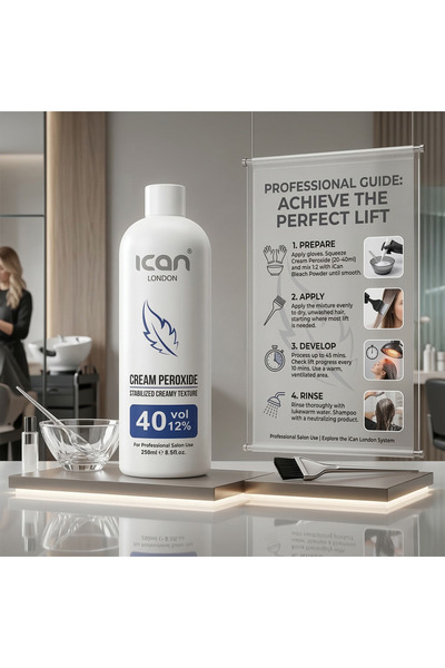 Ican London Cream Peroxide 40 Vol 12% (250ml) – Professional Hair Developer Oxygen Hydrogen Peroxide Cream | Salon Grade Strong Lightening & Bleaching Emulsion