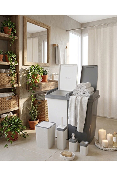 Buclee 90 Lt Çift Bölmeli Kirli Çamaşır Sepeti ve 5 Parça Premium Banyo Seti ...