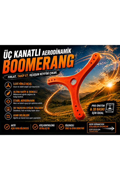 Print Zone Profesyonel Aerodinamik Bumerang Oyuncak - 3 Kanatlı Açık Hava, Pl...