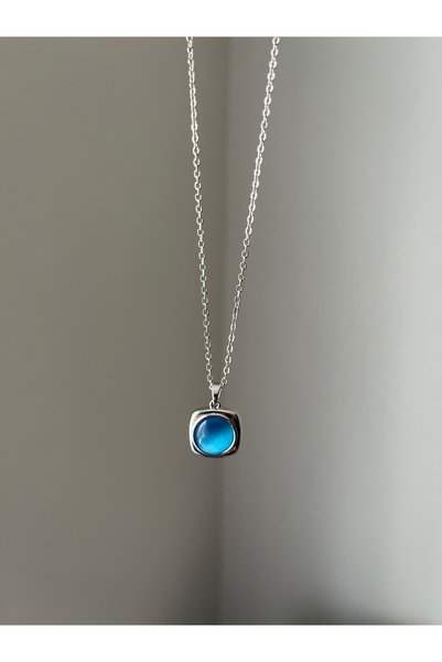 Rose and Light Blue Stone Square Model Necklace