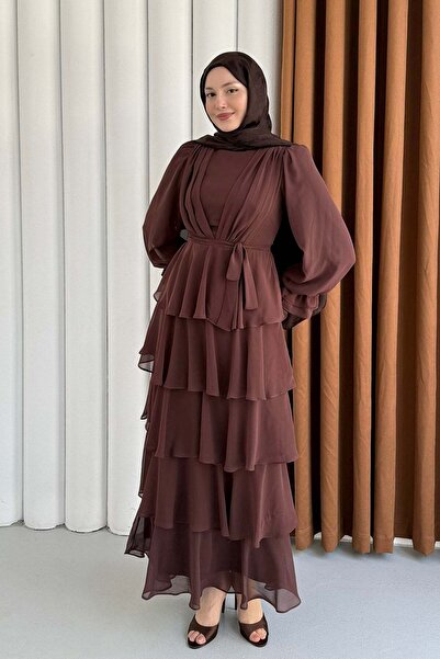 Modaensarbutik Şifon Kumaş Kat Katlı Tesettür Elbise-KAHVERENGİ