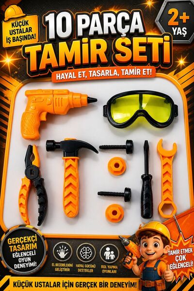 SAZE 10 Parça Oyuncak Tamir Seti Matkaplı Gözlüklü Eğitici Tamir Aletleri Set...