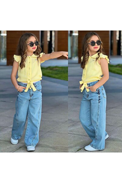 musab kids KIZ ÇOCUK KOT DENİM PANTOLON BAGLAMALI GÖMLEK