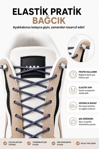 AiryFooT Yuvarlak Lastikli Klipsli Spor Ayakkabı Bağcığı 100 cm ( Gri ) 1 Çift