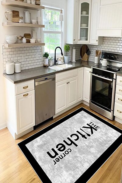 Pelura Halı Kitchen Yazılı Gri Çerçeve Desenli Baskılı Kaymaz Yıkanabilir Mut...