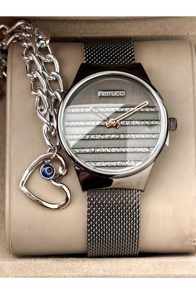 Ferrucci Smoked Wicker Steel Cord Women's Wristwatch + Bracelet in Stylish Box