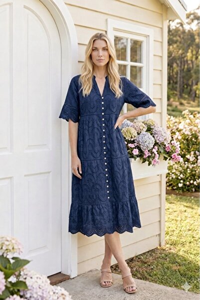 MELTEM COLLECTION FİSTO DETAYLI DÜĞME DETAYLI MİDİ ELBİSE