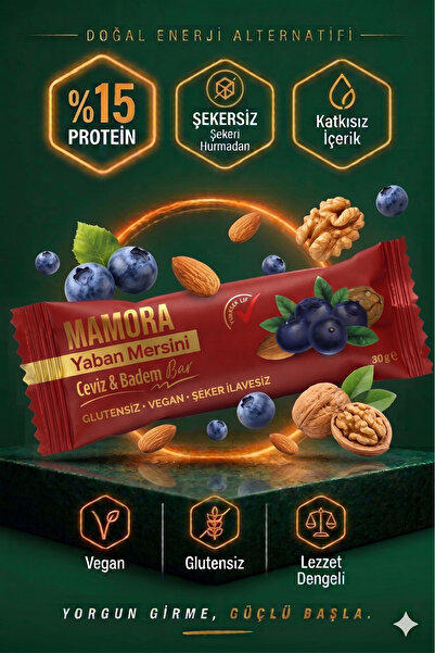 Mamora PROTEİN Bar Yaban Mersini, Ceviz & Badem 30 Gr 1 ADET - Vegan, Glutens...