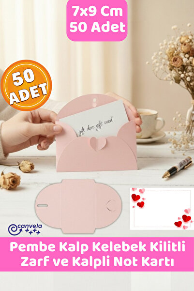CANVELA 50 Adet 7x9 Cm Pembe Zarf Figür Kilitli Mini Hediye Zarfı ve Kalpli K...
