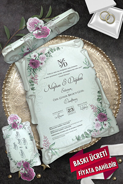 Cem Davetiye Düğün Nişan Nikah Kına Davetiyesi 9007 (100 ADET) Baskı Dahil