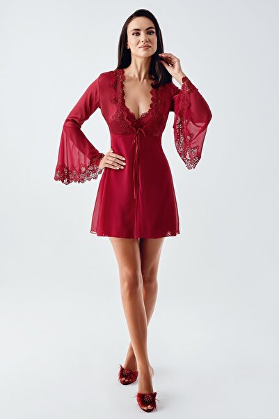 İmaj Women's Satin Lace Dowry Dressing Gown Nightgown Set 4210